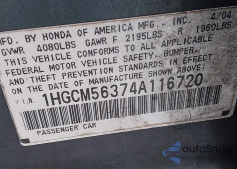 2004 Honda Accord 2.4 Lx from USA, damaged, VIN 1HGCM56374A116720